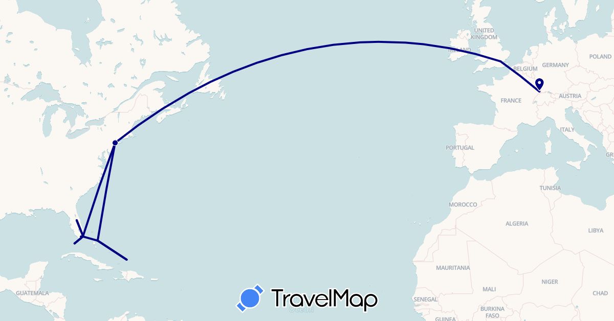 TravelMap itinerary: driving in Bahamas, France, United Kingdom, Turks and Caicos Islands, United States (Europe, North America)